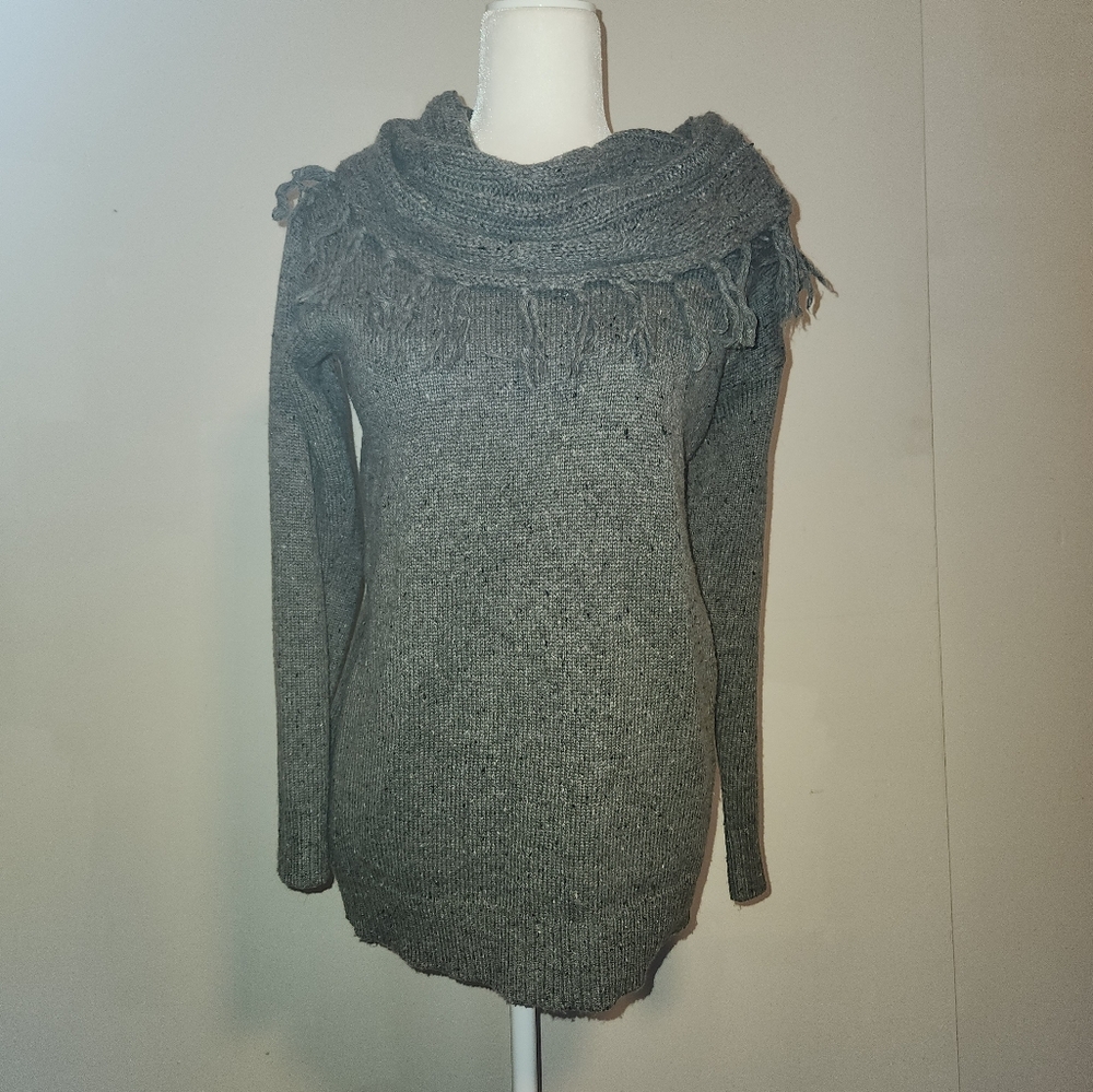 Forever 21 Cozy Marled Grey Cowl Fringe Neck Sweater Medium M